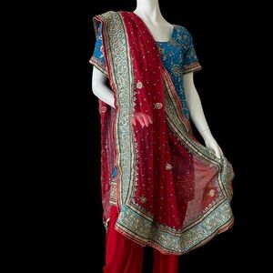 New, Never worn. Beautiful Blue & Red Salwar Kameez suit with Dupatta.